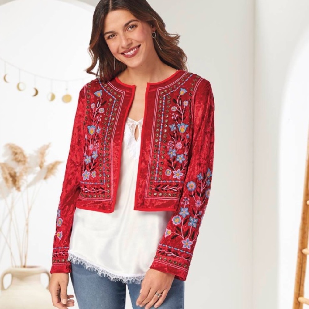 THE PYRAMID COLLECTION Embroidered Red Velvet Jacket. Size M